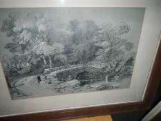 A framed and glazed pencil drawing of a bridge scene,