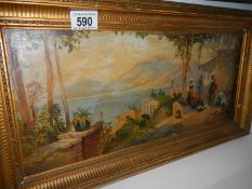 A gilt framed oil on board Med scene,