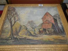 A framed oil on board of a farmyard signed H Bennett,