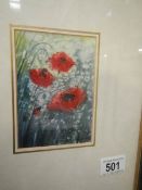 A framed and glazed water colour study of poppies, signed Judy Linnell '94,