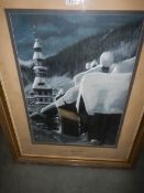 A framed and glazed French winter scene signed Buchan,