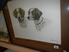 A framed and glazed coloured drawing of gun dogs signed Leon Danching, 1887-1938,