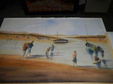 An unframed watercolour beach scene with boats, signed but indistinct,