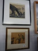 2 framed and glazed continental bridge pictures, one signed,