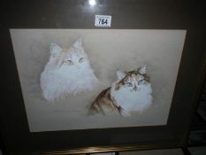 A watercolour of 2 cats entitled 'Brandy and Sasha', signed Patricia Bradley '87,