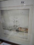 A framed and glazed watercolour harbour scene, signed but indistinct,