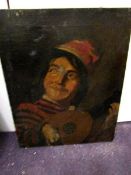 A 19th century oil on canvas portrait of a jester playing the lute, signed George Bush, Aug 1878.