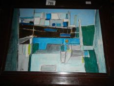 An oil on card abstract with blue hues entitles 'Summer Harbour, Newlyn',