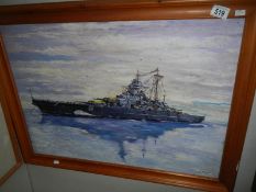 An oil on board of a battleship signed Tither,