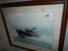 A framed and glazed print entitled 'RNLB Lincolnshire Poacher' with 13 signatures of crew members,