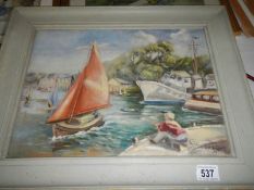 An oil on canvas harbour scene signed E M Staples, 1961,