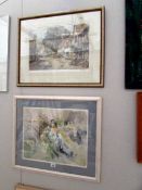 A framed and glazed street scene print and a framed and glazed print of a seated lady