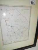 An old framed and glazed map of Lincolnshire engraved by J C Walker,