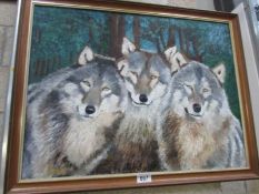 An oil on boards study of 3 wolves,