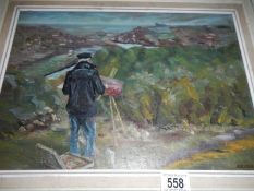 An oil on board of an artist on the cliffs over Whitby, signed R P Garrod,