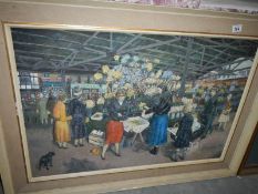 A framed oil on canvas flower market scene signed Ben Buxton,