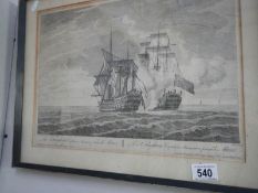 An etching 'The Nottingham Captain Saumarez Takes the Mars' (1751), History on reverse,