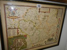 A hand tinted framed and glazed map of Leicestershire,