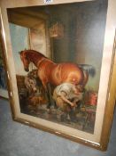 A framed and glazed Pear's print of a Farrier shoeing a horse,