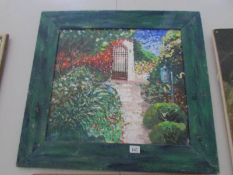 A framed oil on board garden scene