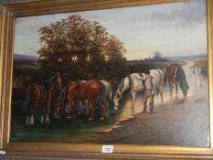 An oil on canvas of horses drinking in river,