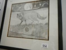 A framed and glazed original pencil drawing 'Fox at Night', signed Graeme Sims,