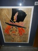 A framed and glazed modern multi media painting of a clown signed Manahti, image 44.