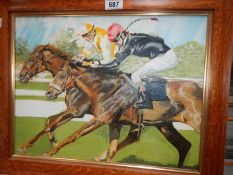 An original oil on board 'Racehorses and Jockeys' signed Vivienne,