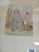 A framed and glazed watercolour, Boston street scene, signed but indistinct,