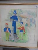 A framed and glazed print of Noddy, Big Ears and Mr Plod, signed Suzi Lavinia Smith, '82,