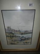 A framed and glazed watercolour of a fishing port, signed but indistinct, image 35.