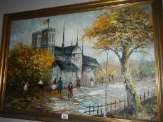 A large oil on canvas French street scene, signed C Houston,