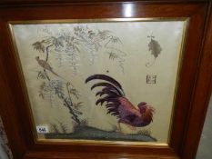 A super signed Chinese silk embroidery of a cockerel and acacia trees,