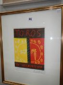 A framed and glazed 1957 lithograph poster print by Pablo Picasso entitled 'Toros',