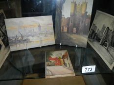 3 good watercolours on board and 2 engravings