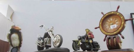 2 motorbike models, ships wheel clock etc.