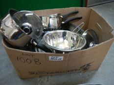 A box of clean stainless kitchen ware