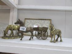 3 brass horse models and a glazed tray