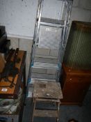 2 aluminium step ladders and a wooden step ladder