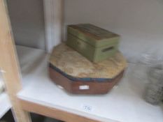 A Victorian octagonal foot stool and a wooden moneybox