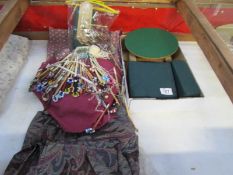 A Newham block, pillow, table stand, extra block, lace bobbins, pin cushion,