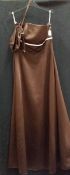 A brown with pink trim 'Forever Yours' full length empire style evening gown with matching bag,