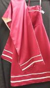 A burgundy/cream satin dress with matching wrap and pouch bag,