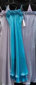3 'Lulu H, Paris' slim line evening gowns, 2 lilac, 1 turquoise,