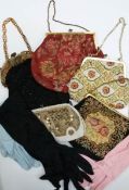 5 vintage hand bags, a cased set of gloves,