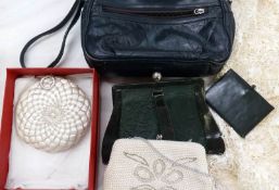 4 assorted bags including green vintage bag with mirror and a cream scarf