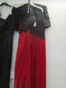 2 Frances Lee red velvet evening gowns with black lace bodices,