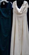 4 long evening gowns, cream, midnight blue, emerald green and royal blue,