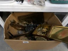 A box of brass ware including bellows,