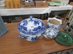 A large blue and white tureen a/f,